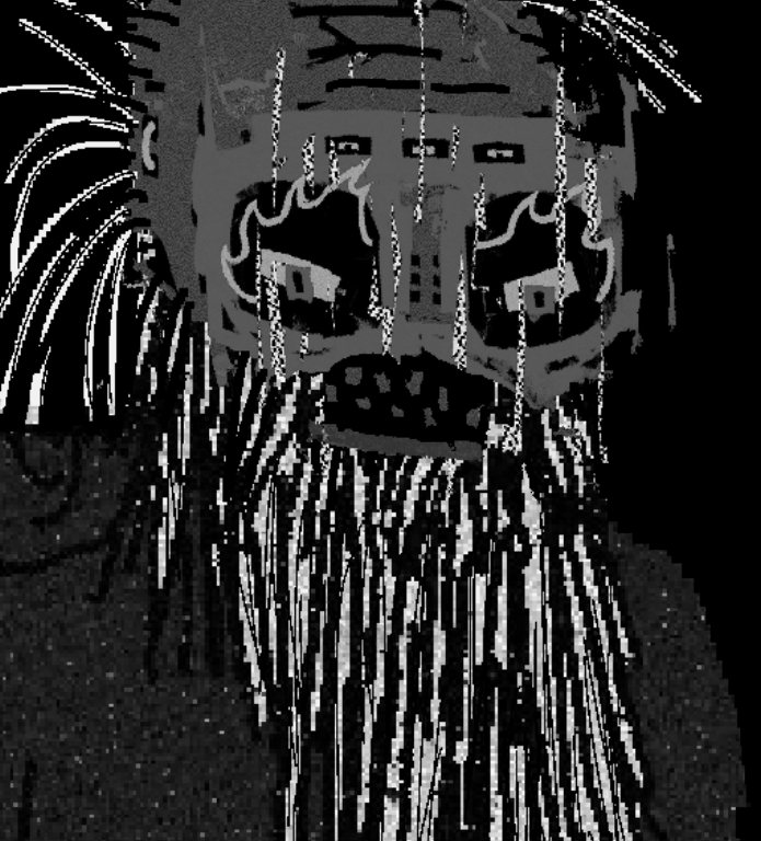 Portrait of Endrythi, a masked figure with a long white beard