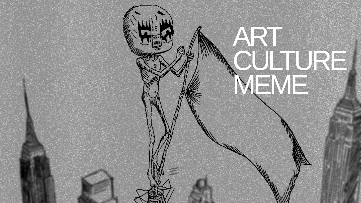 Art Culture Meme: a skinny masked figure planting a flag on top of a skyscraper