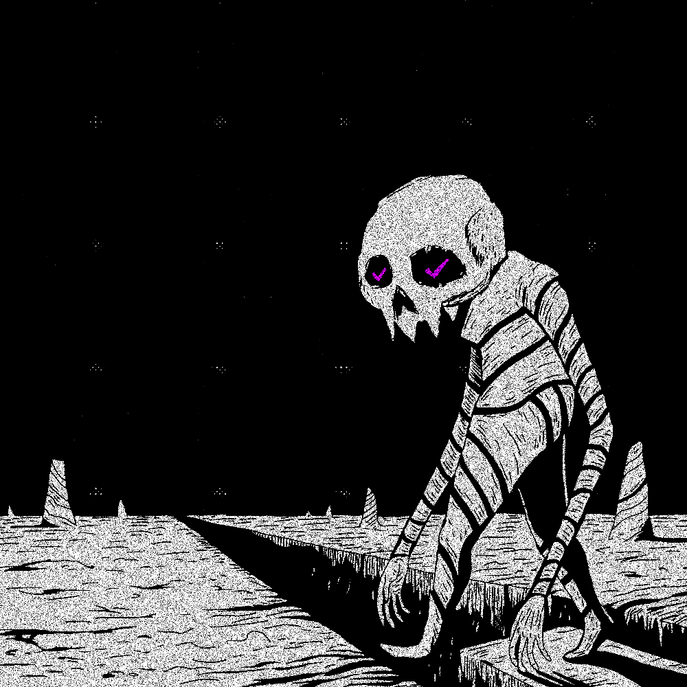 Skeletal figure crouching on a rocky ledge