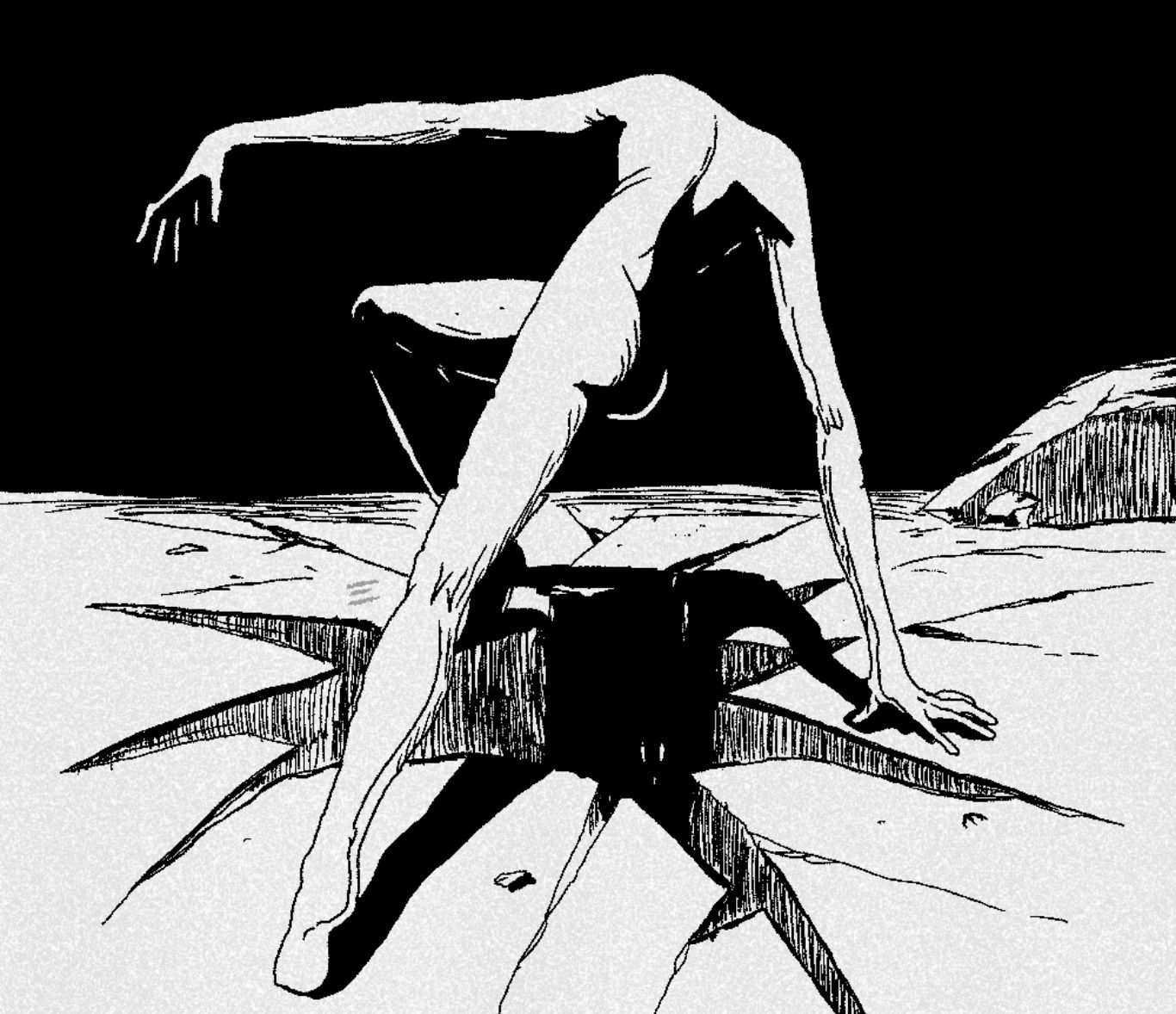 Hero illustration: a pale figure arching over a cracked frozen plain, a black pit opening beneath it
