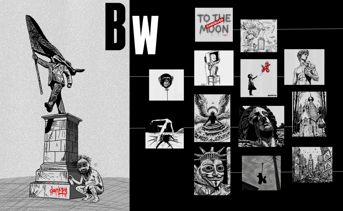 BW Illustration: collage of black and white drawings — a headless flag-bearing statue, an ape balloon, a child inside a TV, a girl with a red balloon dog, the statue of David, a figure over a crack, a winged figure covered in eyes, a weeping bust and a wooden chapel