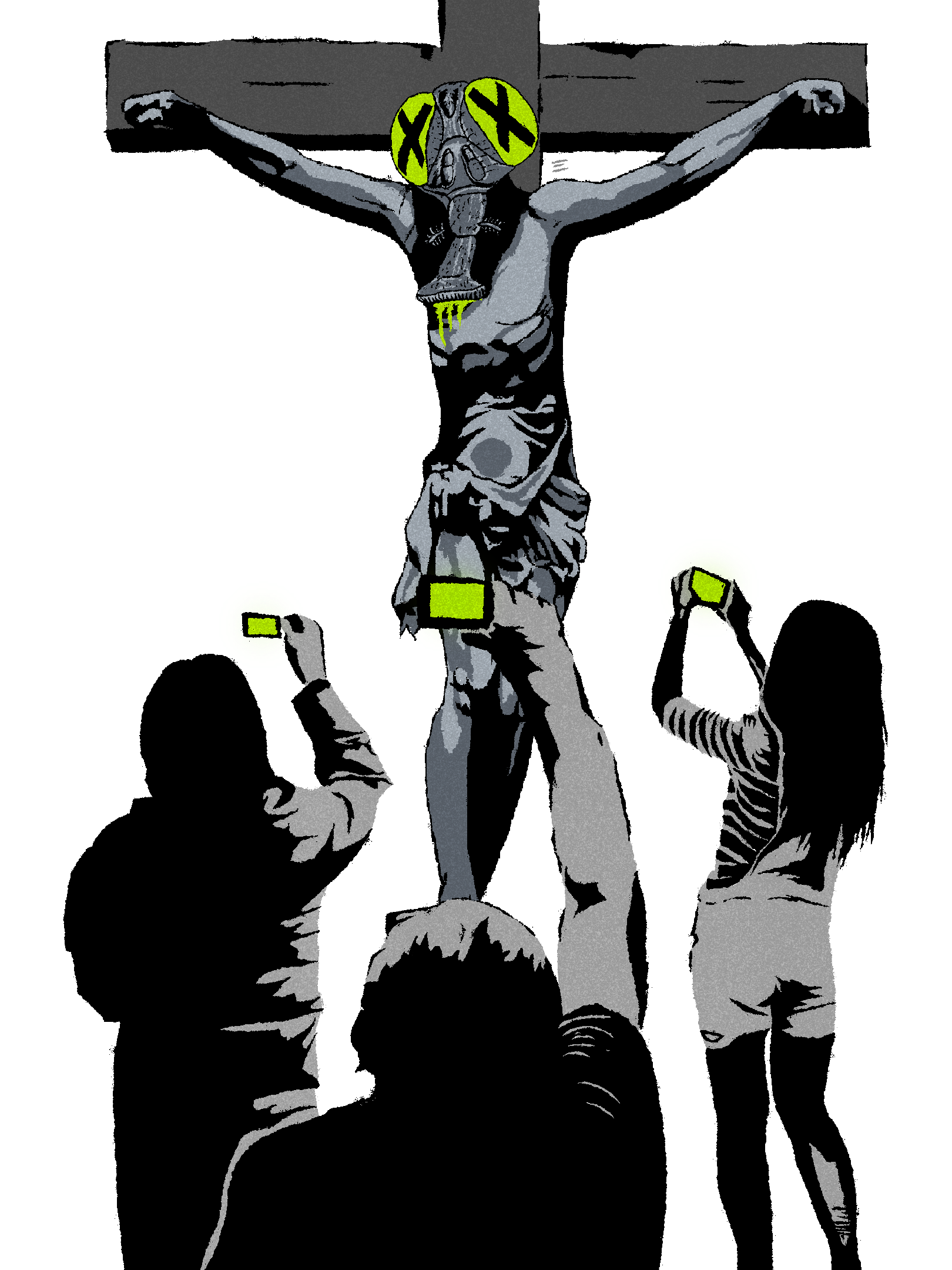 Illustration of a crucified figure in a gas mask, surrounded by a crowd holding glowing phones
