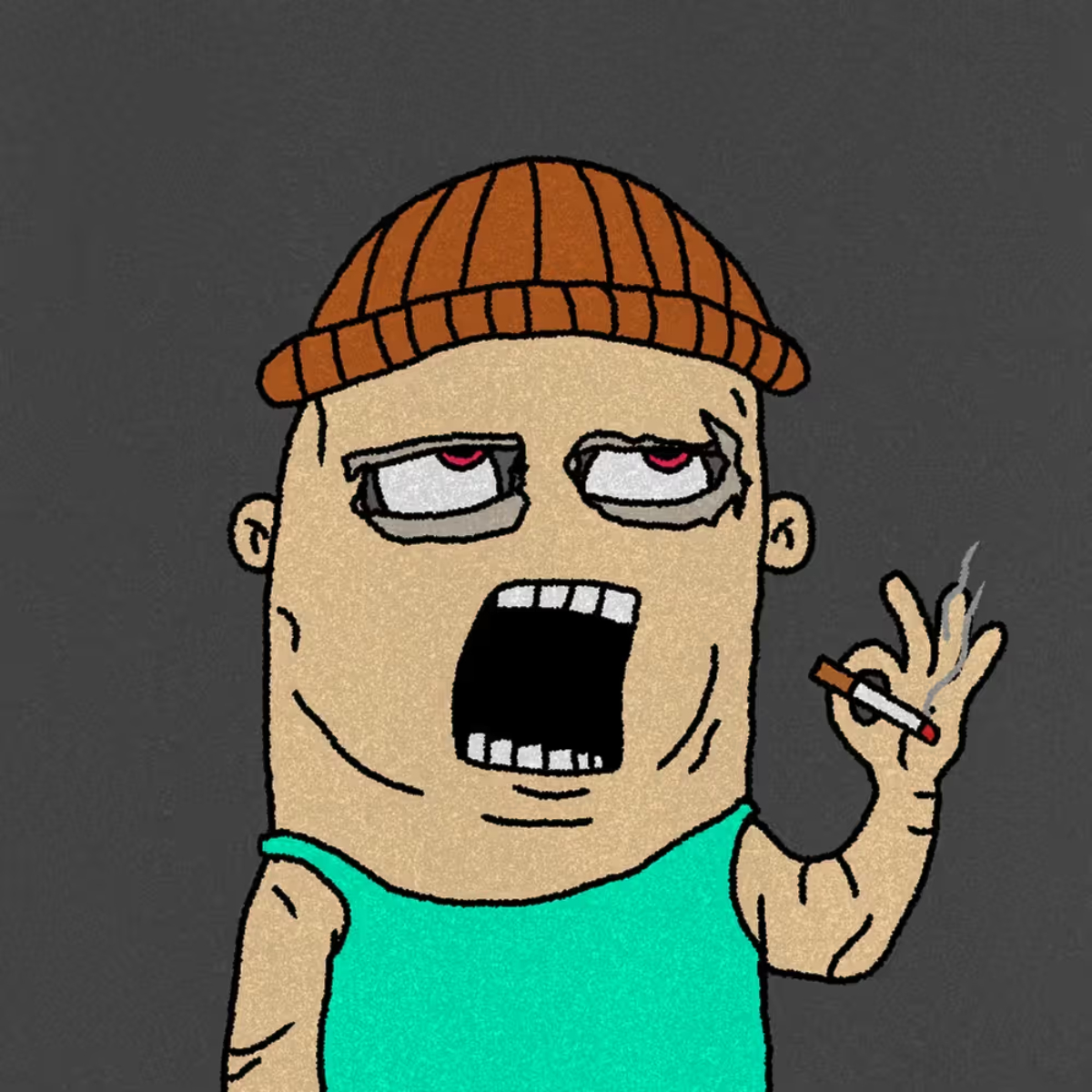 OK Degen: a bald figure in an orange beanie smoking